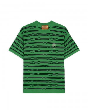 Green Brain Dead Puckered Striped T-Shirt | AU 3086712-SZ