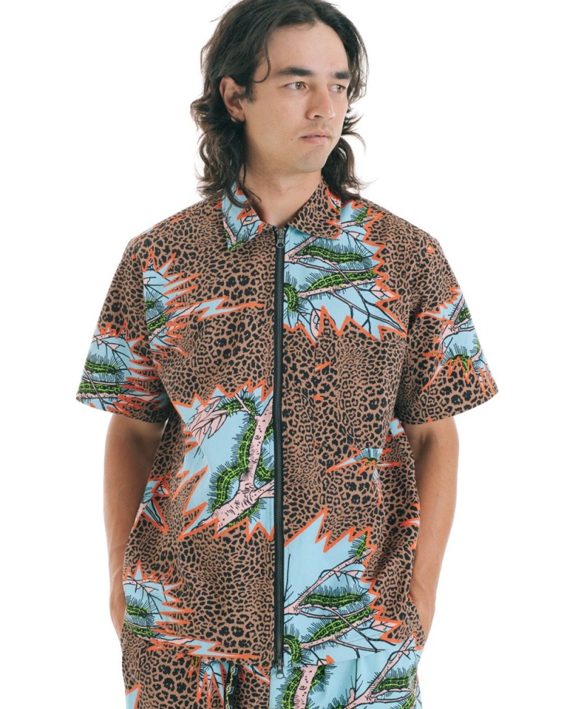 Brown Brain Dead Mutated Cheetah Full Zip Short Sleeve Shirt | AU 5837096-VK