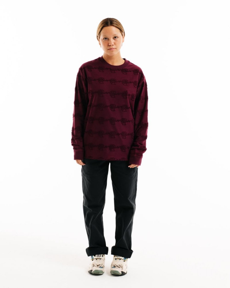 Burgundy Brain Dead Running Head Textured Stripe Long Sleeve T-Shirt | AU 1906835-WD