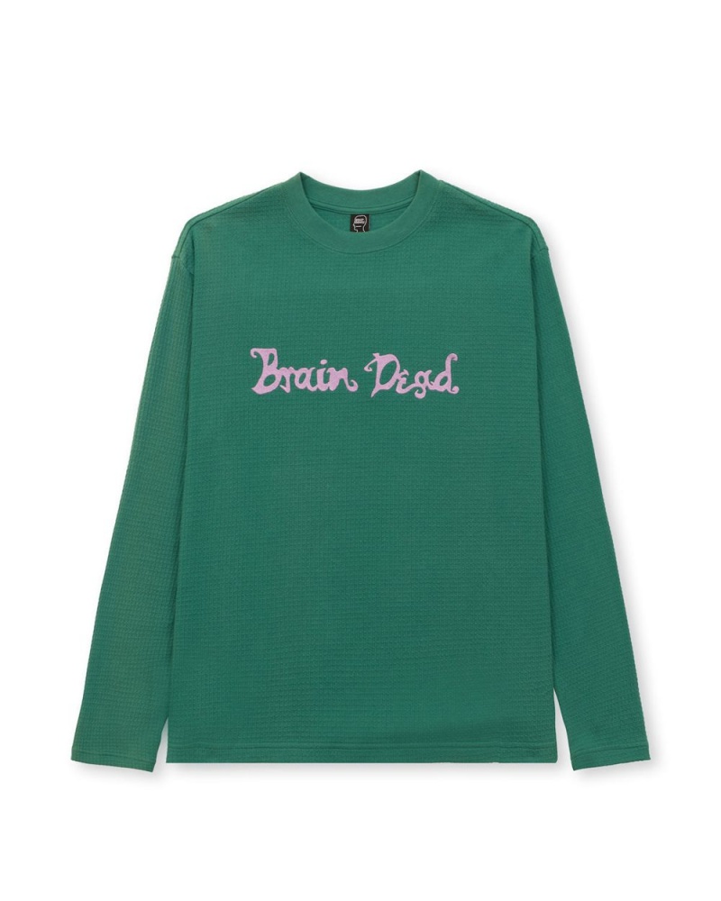 Green Brain Dead Embroidered Waffle Long Sleeve T-Shirt | AU 1436759-DQ