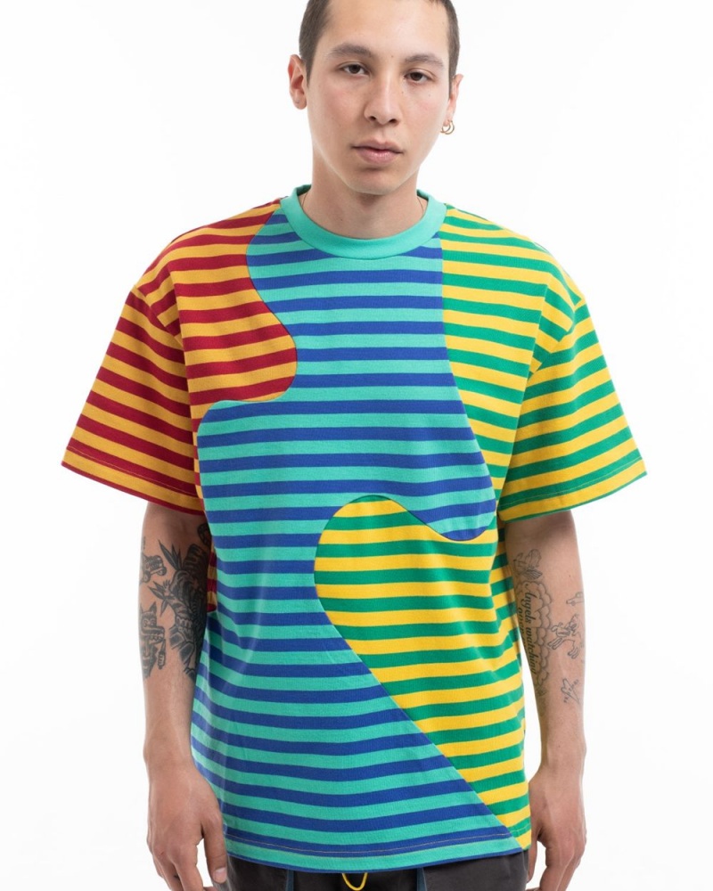 Green Brain Dead Organic Paneled Stripe T-Shirt | AU 2178395-FL