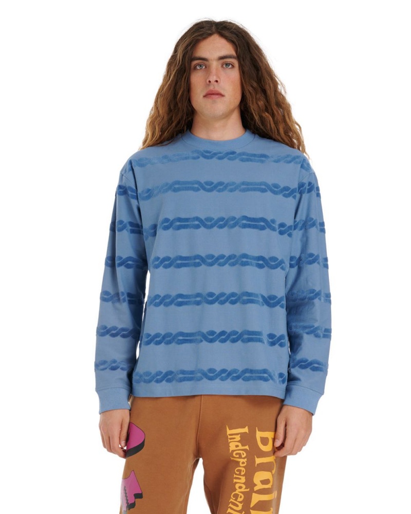 Light Blue Brain Dead Braided Burnout Long Sleeve T-Shirt | AU 2869107-NH