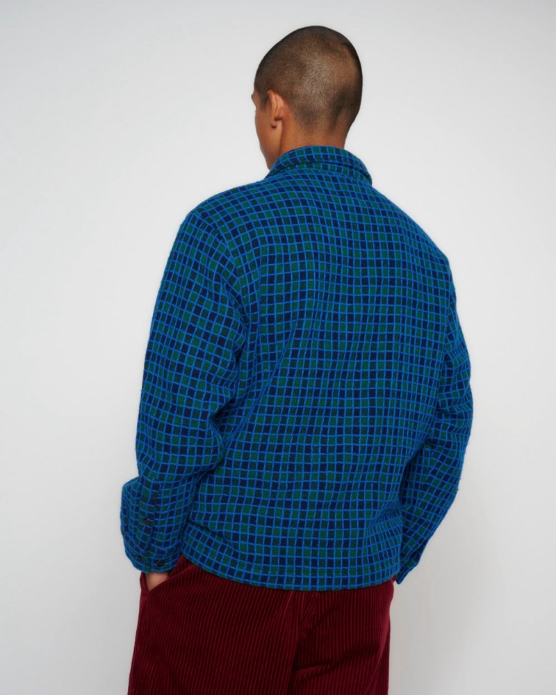 Navy Brain Dead Check Mate Flannel Zip Shirt | AU 1846523-TW