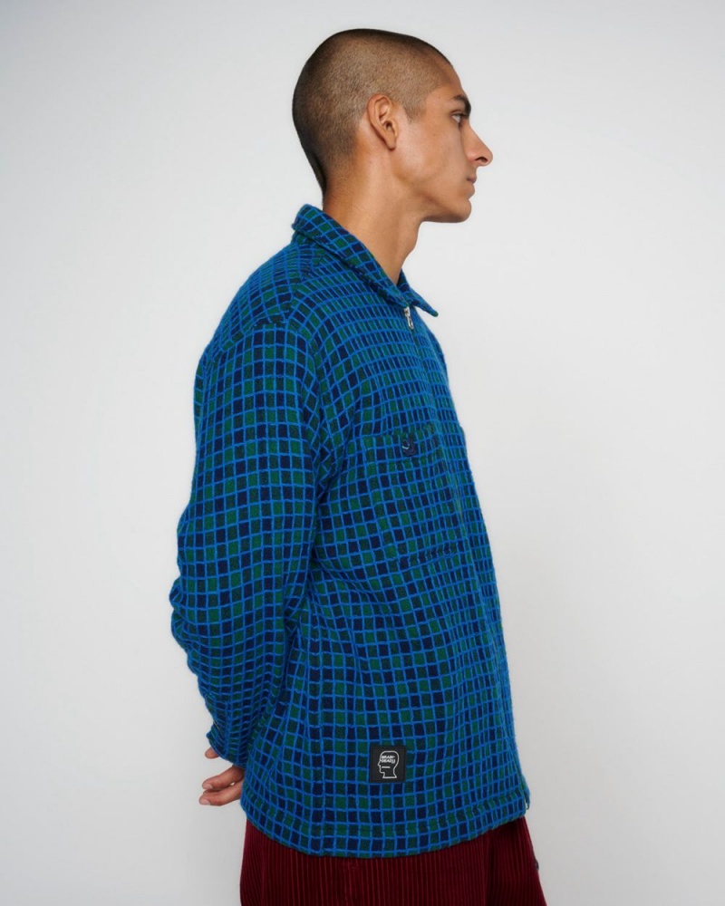 Navy Brain Dead Check Mate Flannel Zip Shirt | AU 1846523-TW