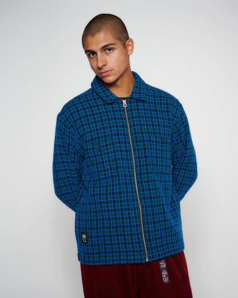 Navy Brain Dead Check Mate Flannel Zip Shirt | AU 1846523-TW