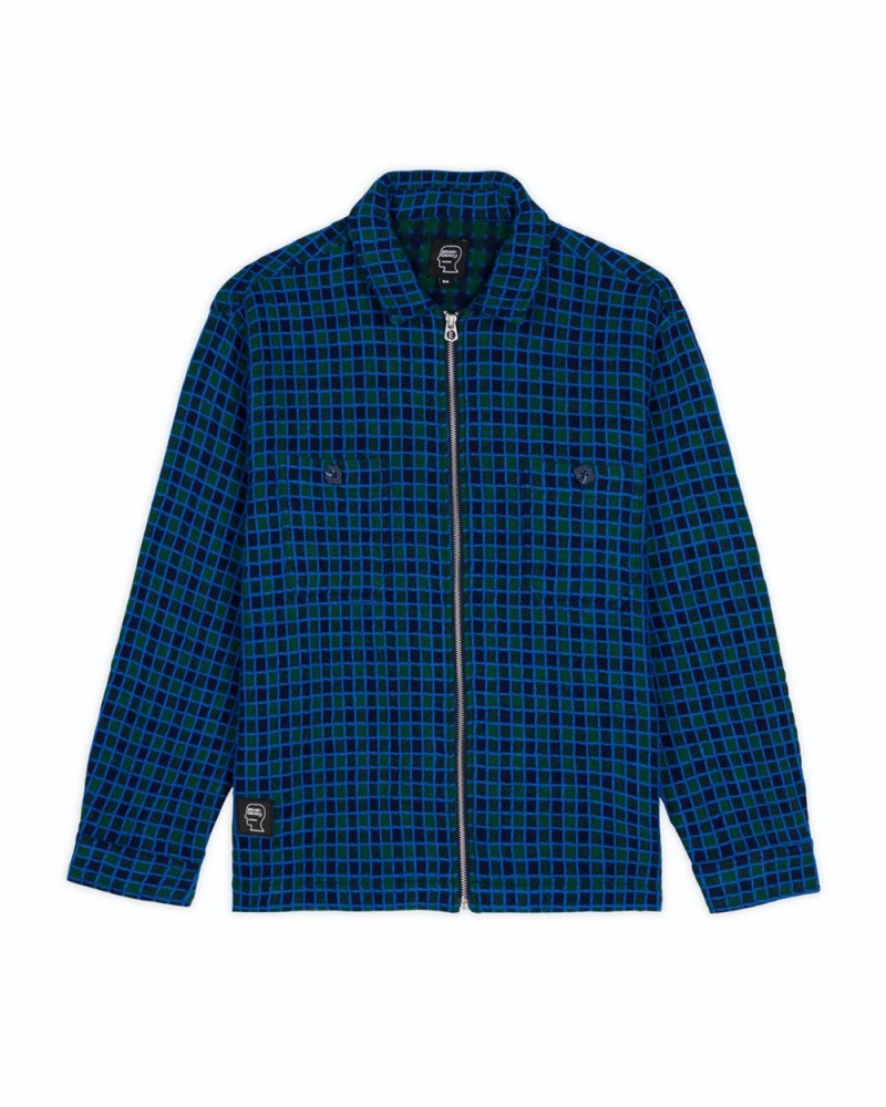 Navy Brain Dead Check Mate Flannel Zip Shirt | AU 1846523-TW