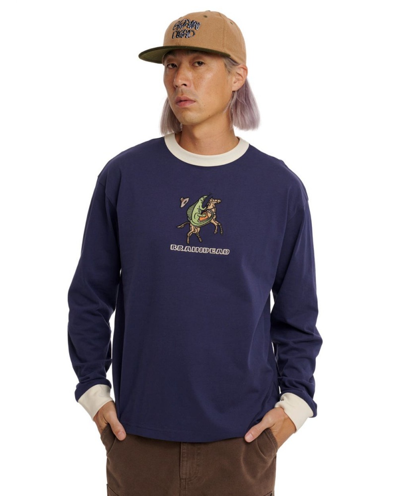 Navy Brain Dead Get Bucked Long Sleeve Ringer T-Shirt | AU 3652140-AZ