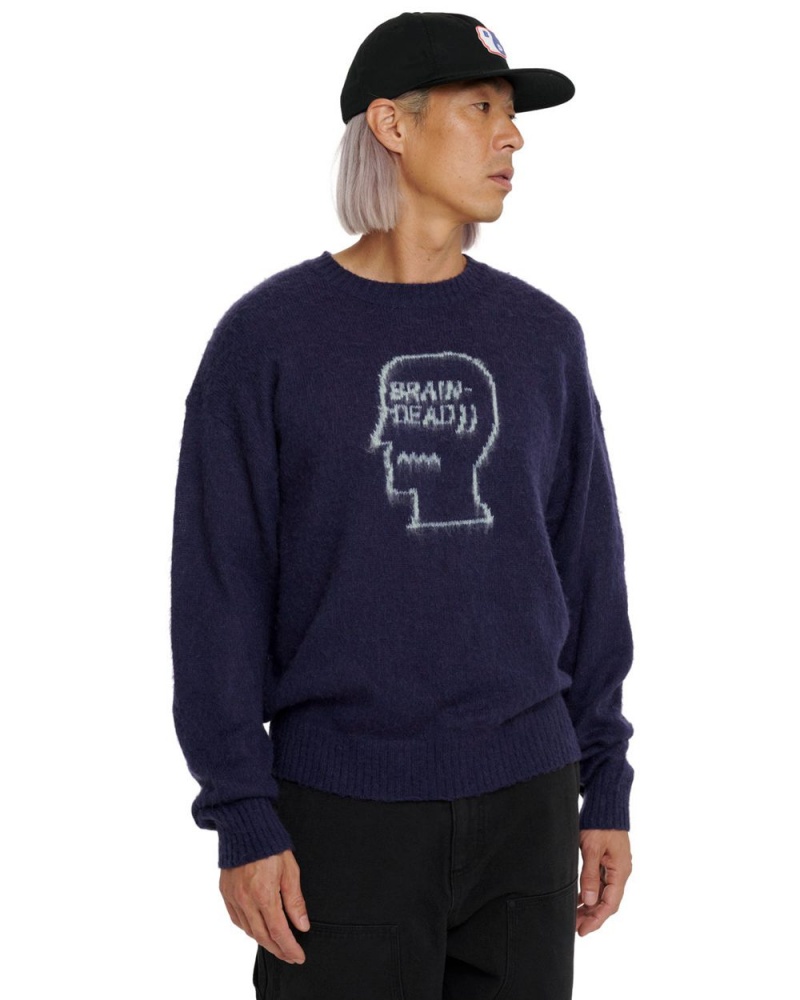 Navy Brain Dead Logohead Pile Crewneck Sweater | AU 3029416-WG