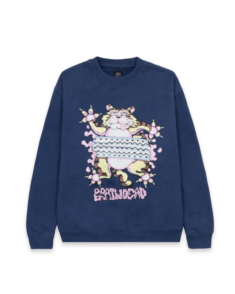 Navy Brain Dead Relaxed Cat Crewneck Sweatshirt | AU 2163985-XP