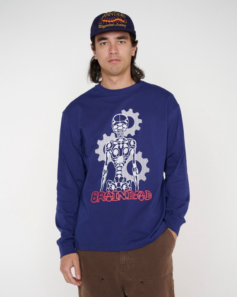 Navy Brain Dead Skeletal Gear Long Sleeve T-Shirt | AU 9243186-LS