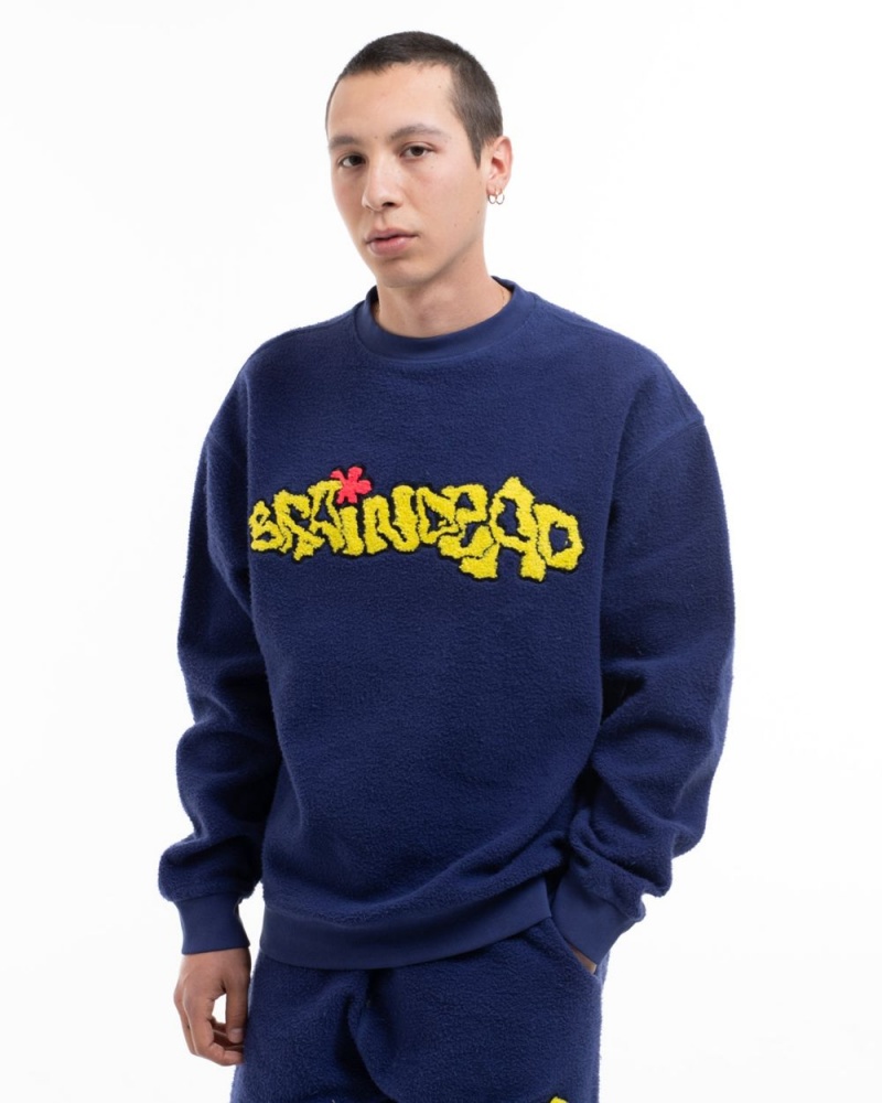 Navy Brain Dead Slime Reverse Fleece Crewneck Sweatshirt | AU 1587203-XH