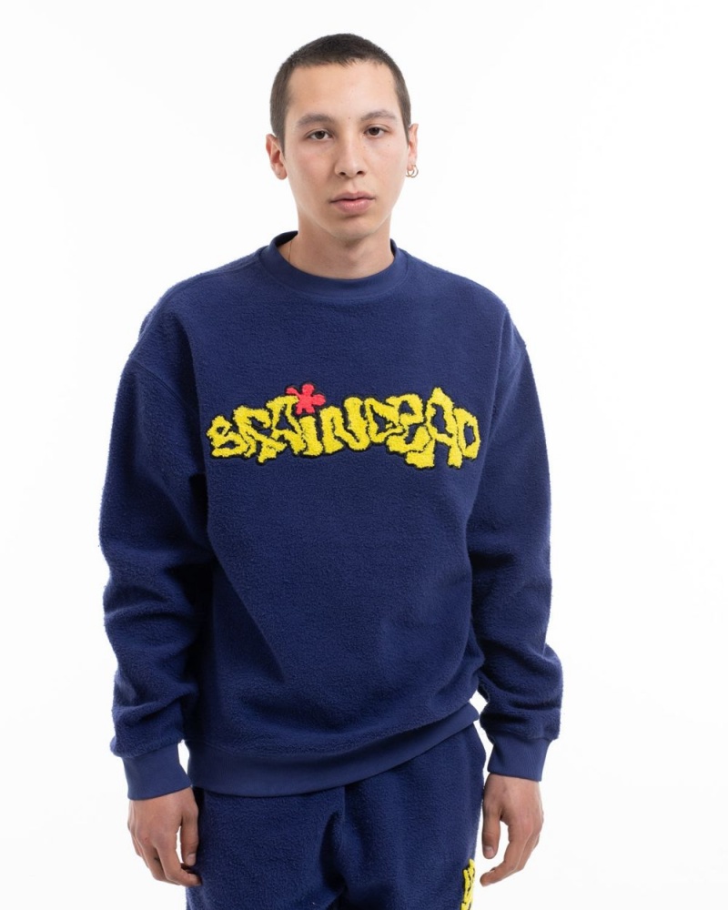 Navy Brain Dead Slime Reverse Fleece Crewneck Sweatshirt | AU 1587203-XH