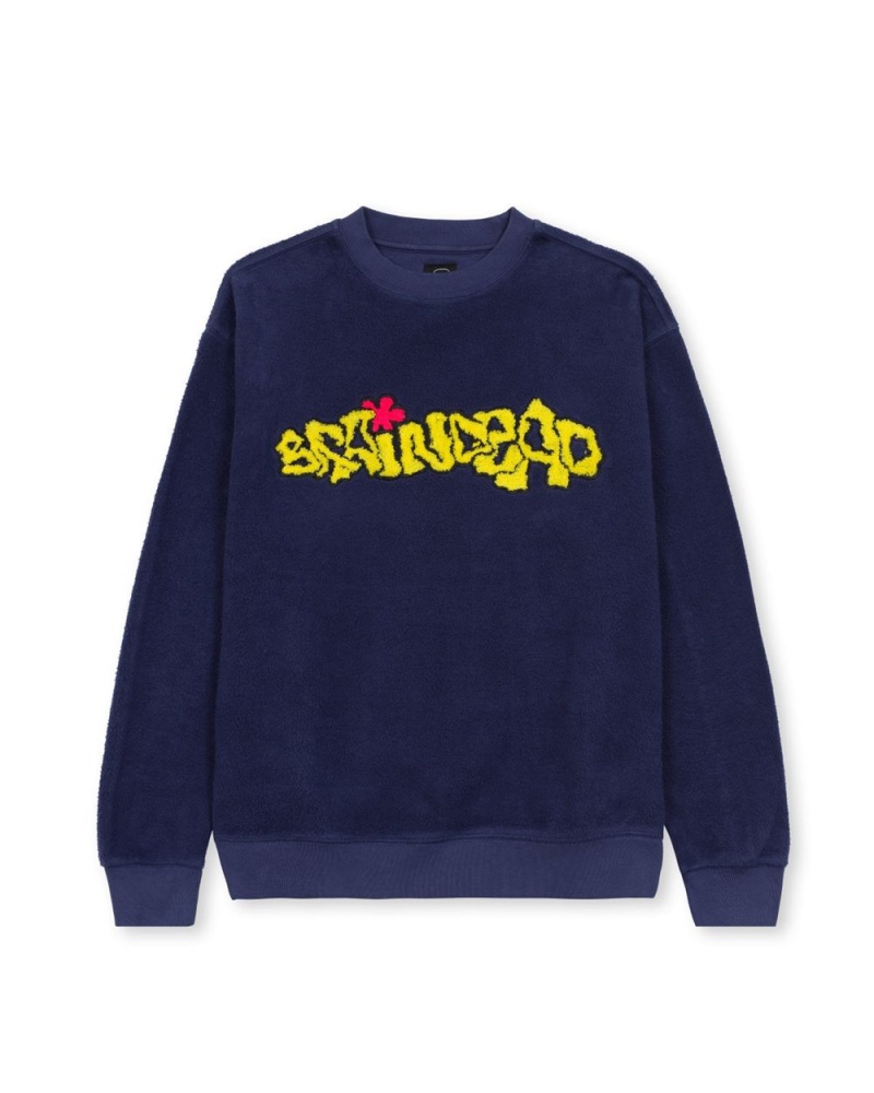 Navy Brain Dead Slime Reverse Fleece Crewneck Sweatshirt | AU 1587203-XH