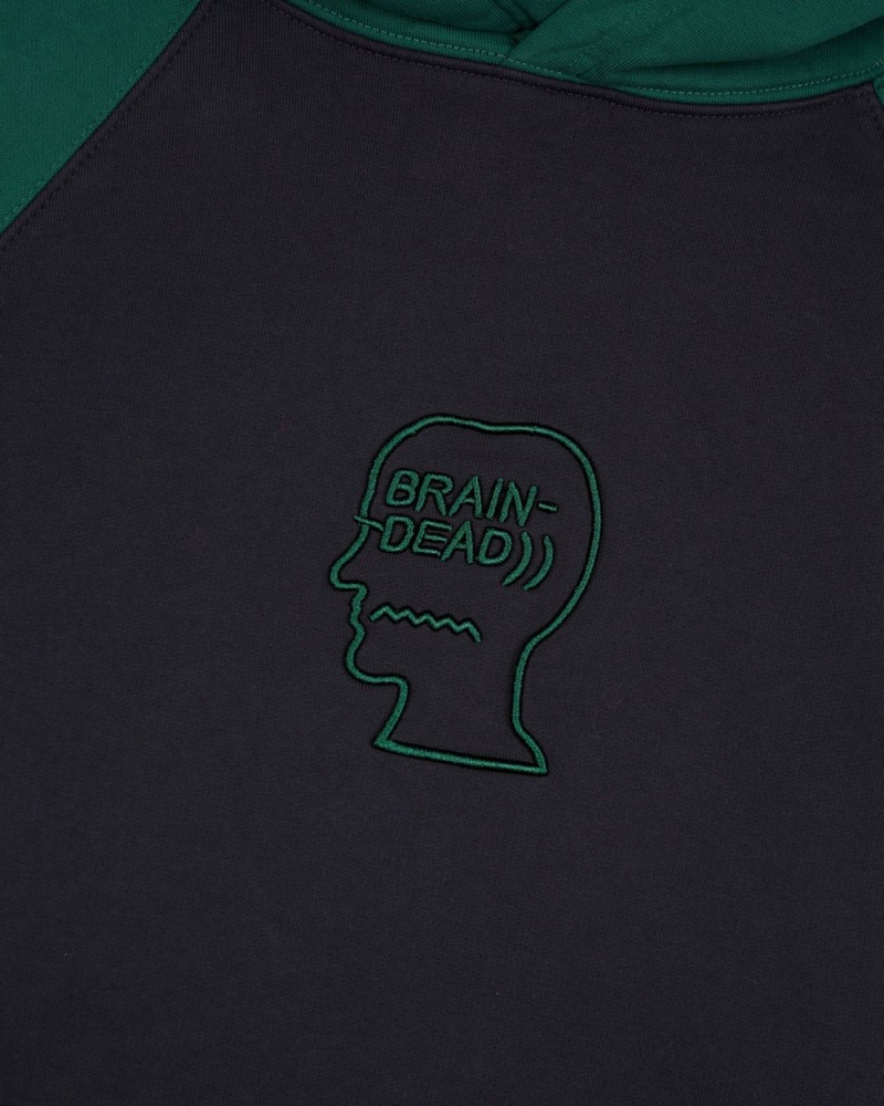 Navy Green Brain Dead Pigment Wash Logo Head Raglan Hoodie | AU 7059831-TY