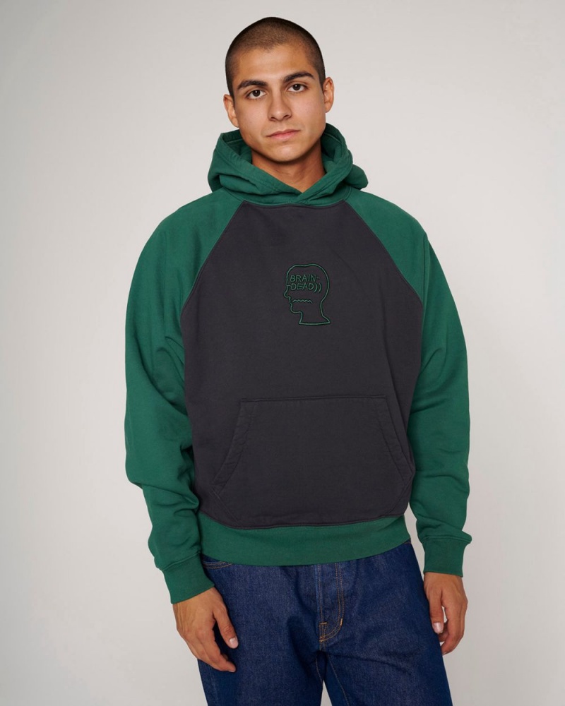 Navy Green Brain Dead Pigment Wash Logo Head Raglan Hoodie | AU 7059831-TY