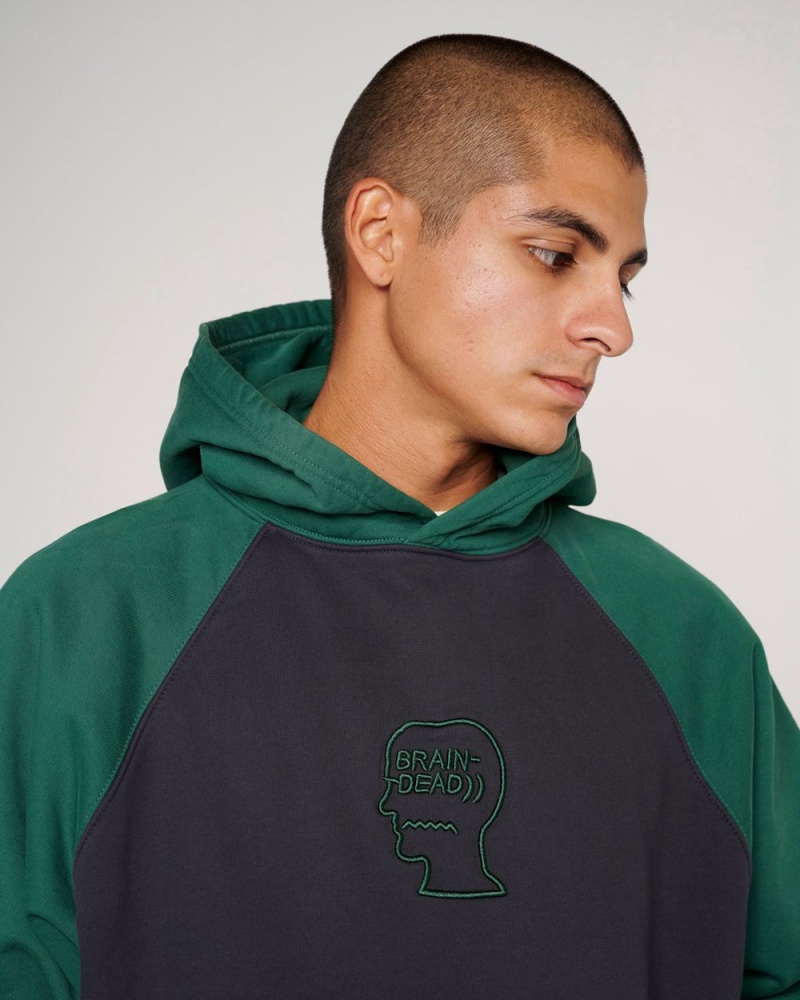 Navy Green Brain Dead Pigment Wash Logo Head Raglan Hoodie | AU 7059831-TY