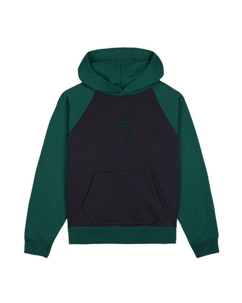 Navy Green Brain Dead Pigment Wash Logo Head Raglan Hoodie | AU 7059831-TY