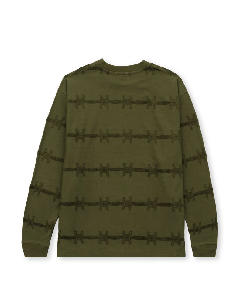 Olive Brain Dead Barbed Wire Burnout Long Sleeve T-Shirt | AU 7086493-WP