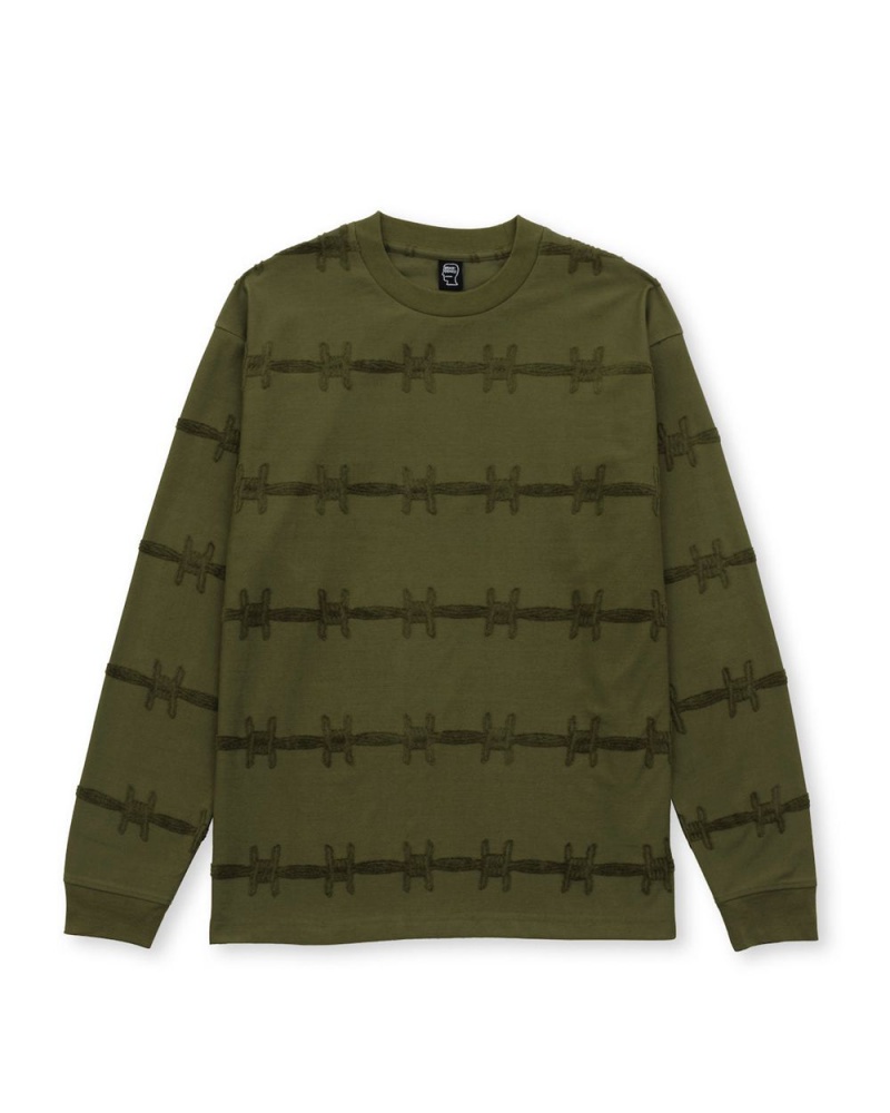 Olive Brain Dead Barbed Wire Burnout Long Sleeve T-Shirt | AU 7086493-WP