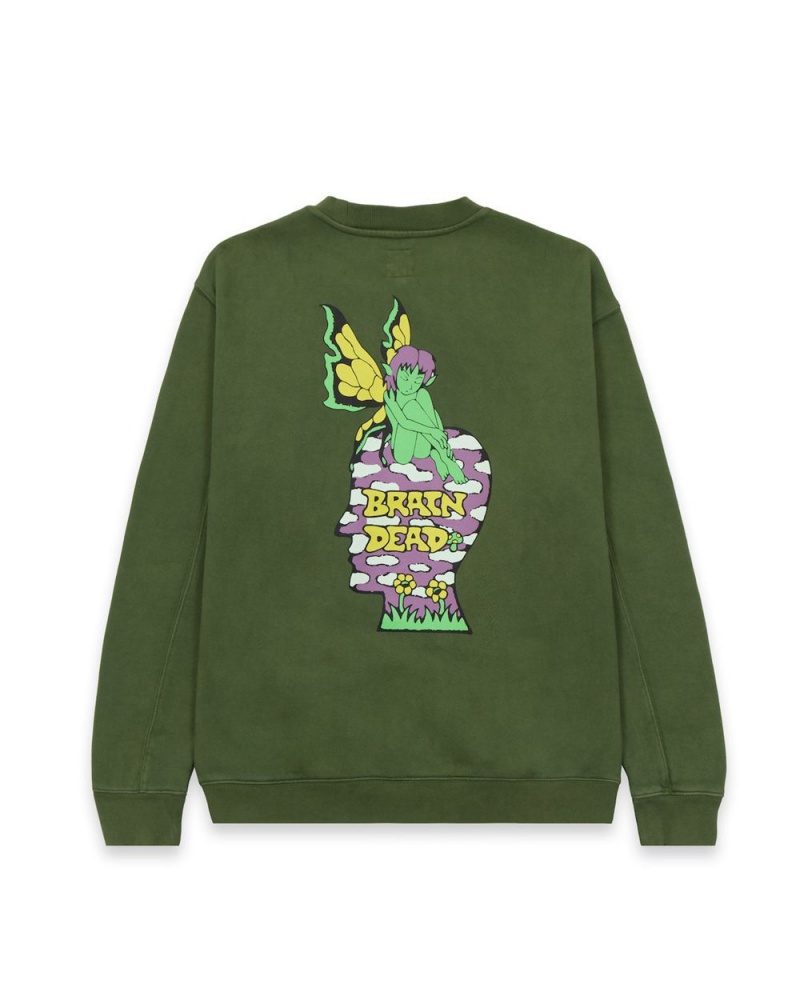 Olive Brain Dead Mushroom House Crewneck Sweatshirt | AU 1748039-XJ