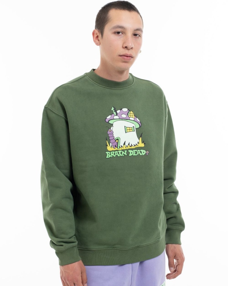 Olive Brain Dead Mushroom House Crewneck Sweatshirt | AU 1748039-XJ