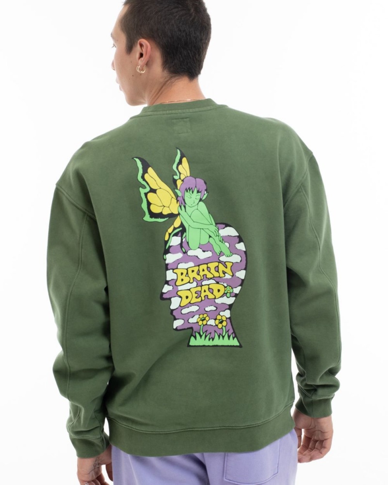 Olive Brain Dead Mushroom House Crewneck Sweatshirt | AU 1748039-XJ