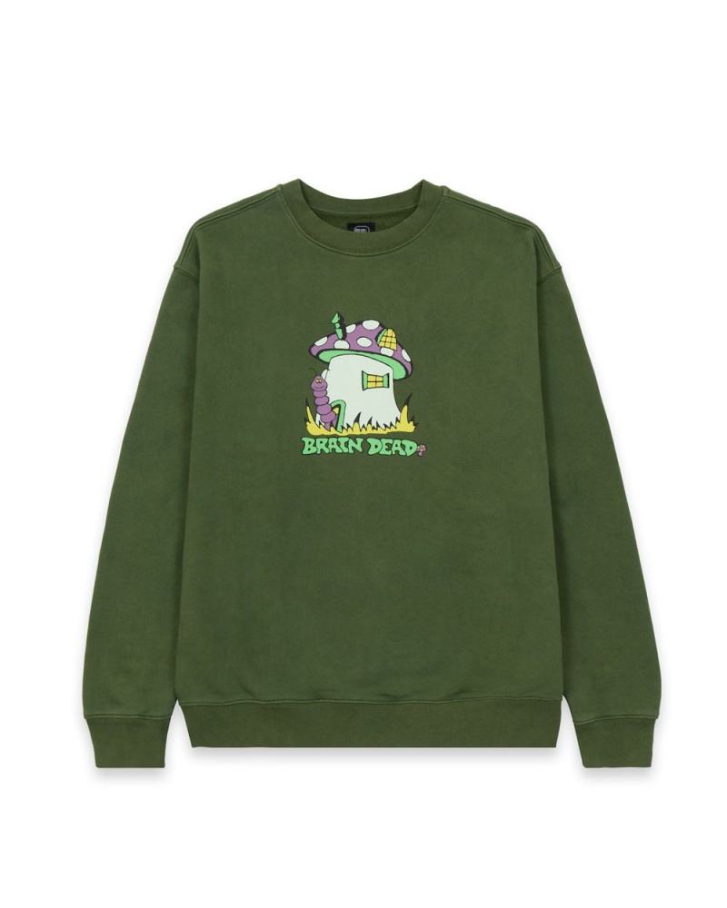 Olive Brain Dead Mushroom House Crewneck Sweatshirt | AU 1748039-XJ