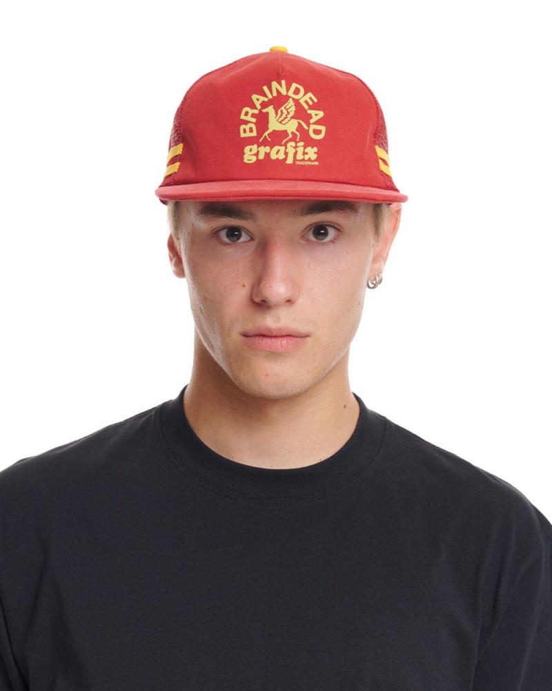 Red Brain Dead Grafix 5 Panel Trucker Cap | AU 8654307-LK