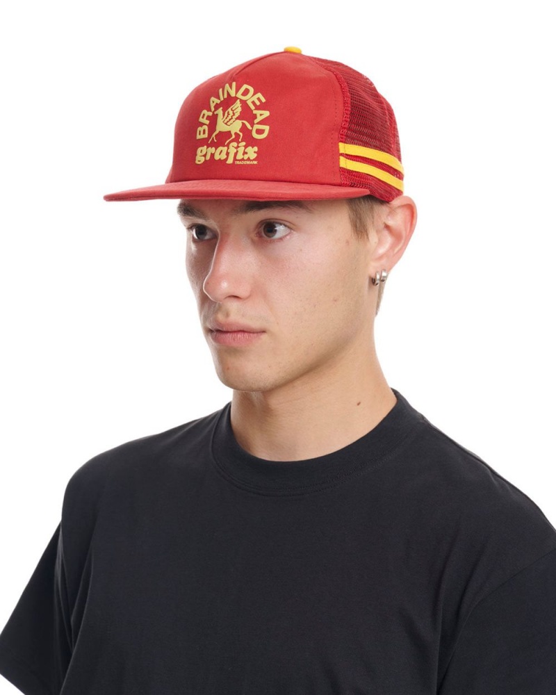 Red Brain Dead Grafix 5 Panel Trucker Cap | AU 8654307-LK